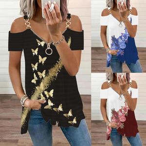 T-shirty damskie damskie na co dzień z krótkim rękawem V Neck Zipper Up Tie Dye wzory koszula Top seksowna tunika z odkrytymi ramionami damska cienka długa