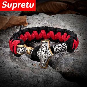 Braceletes feitos à mão Vikings Thors Hammer Survival Aço inoxidável Corda Paracord Amuleto nórdico Mjolnir Jóias masculinas escandinavas L230704