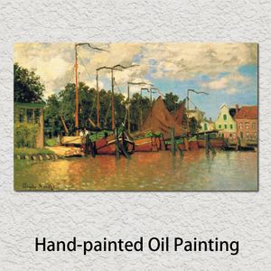 Hand Painted Landscapes Art Boats at Zaandam Claude Monet Oil Paintings on Canvas Linen Picture for Living Room Decor