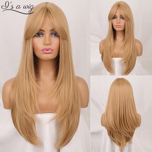 Synthetische Perücken „I's A Wig Long Layered For Women Blonde With Side Bangs Black Brown Ombre Hair Daily Cosplay“.