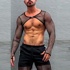 Erkekler Tişörtleri Gece Kulübü Üstleri Erkekler Seksi Mesh Uzun Kollu İçi Boş Yüzey Tişörtler Sokak Giyim Moda Partisi Giyim Erkek Gömlek