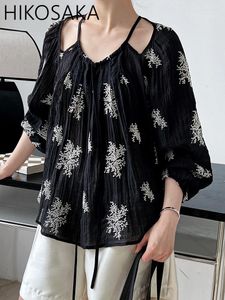 Women's Blouses Summer Hollow Out Off Shoulder Sunblock Shirt Lady Korean Chic Design Halter Long Sleeve Blouse Vintage Print Top Verano