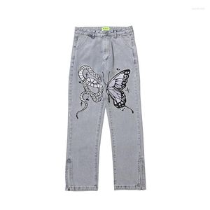 Männer Jeans High Street Schmetterling Und Schlange Stickerei Gerade Hosen Knöchel Reißverschluss Retro Taschen Lose Denim Hosen Hip Hop