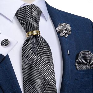 Bow Ties Houndstooth Black Silver Plaid Mens Wedding Accessories Silk Necktie Handkerchief Cufflink Set Tie Ring Brooch Gift For Men