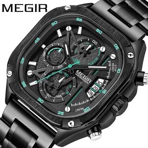 Megir Quartz Men's Watchesファッション高品質の防水ラミナススクエアステンレス鋼ストラップスポーツウォッチ2023 New