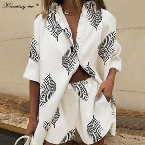 Women's Blouses Shirts Summer Bearch Suit Women Leaf Printed Two Piece set Elegant casual Lapel Single Breasted Shirt Loose Pants Shorts outfit set L230712
