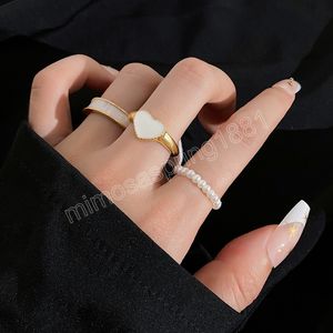 Minimalist White Paint Heart Artificial Pearls Ring for Women Girls Vintage Finger Rings Set Party Fashion Jewelry Gift