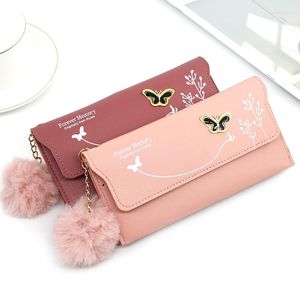 Wallets Fashionable Women Long Pure Color Wool Ball Bow Clutch Bag Card Coin Purse Standard PU Solid Polyester