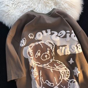 Maglietta da donna T-shirt da orso da donna americana retrò oversize in cotone a maniche corte in cartoni animati graffiti magliette grasse per le donne harajuku 230711