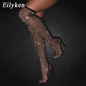 Boots Eilyken شبكة تنفس طويلة فوق أحذية الركبة صندل النساء Sexy Stiletto الكعب العالي المدببة إصبعيات أصابع القدمين أحذية أنثى L230712