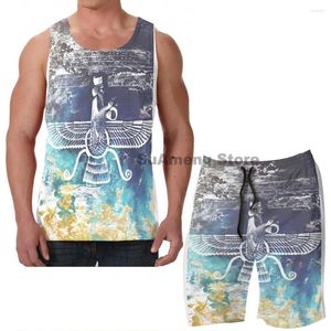 Agasalhos masculinos de verão, casual, engraçado, estampado, regata, feminino, Ahura I Board, shorts de praia, conjuntos de fitness, colete sem mangas