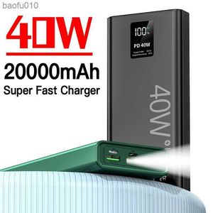 40W szybkie ładowanie Power Bank przenośna ładowarka 20000mAh cyfrowy wyświetlacz bateria zewnętrzna latarka dla iPhone Xiaomi Samsung L230712