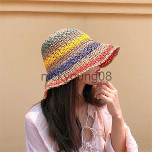 Cappelli a tesa larga Cappelli a tesa larga Cappelli a tesa larga 2023 Cappello a secchiello da donna estivo Paglia fatta Arcobaleno all'uncinetto Pieghevole Parentchild Cappello Panama Bambini Donna Spiaggia Visiera parasole