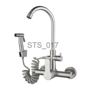 Kitchen Faucets 1pc 304 Stainless Steel Double Hole Hot and Cold Mixing Kitchen Faucet Wall Mount Balcony Laundry Swivel Tap With Spray Gun x0712