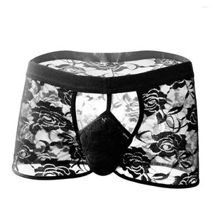 Unterhosen Sexy Herrenunterwäsche Blumenspitze Transparente Boxershorts Atmungsaktive Gay Sissy Höschen Bulge Pouch Sheer Boxer Trunks