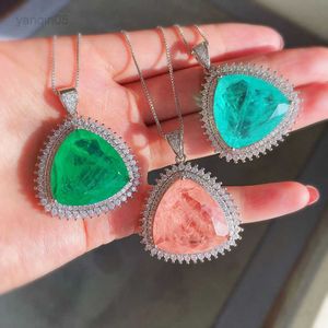 Pendanthalsband Knriquen Vintage 24*24mm Paraiba Tourmaline Emerald Pink Quartz Gemstone Pendant Necklace Fine Jewelry Statement Gift for Women HKD230712