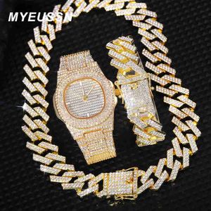 Pendant Necklaces New Iced Out Mens Cuban Link Chain Bracelet Necklace Choker Bling Jewelry Men Big Gold Color Chains Hip Hop Punk Set HKD230712