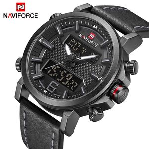 Relógios esportivos masculinos NAVIFORCE, relógio digital de quartzo LED, marca de luxo, moda masculina, couro, relógio de pulso militar à prova d'água