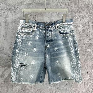 Men's Jeans Cashew Flowers Jean Shorts Washed Distressed Musculation Homme Hip Hop Motorcycle Pant High Street Men Denim