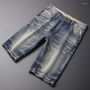 Erkek kot yaz moda tasarımcısı erkekler yüksek kaliteli retro yıkanmış elastik ince fit yırtık kısa vintage gündelik denim şort