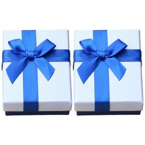 Gift Wrap 2pcs Boxes Necklace Romantic Earrings Non Deformation Ring Paper Bow Knot Jewelry For Presents Blue Recyclable With Lid