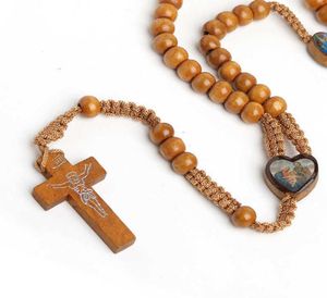 Jóias feitas à mão em madeira natural inteira, tecidas à mão, contas de madeira, Jerum, joias religiosas católicas, cruz, colar de contas de Jesus6544083