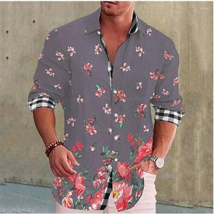 Men's Dress Shirts Flower Pattern Printing Cuffed Plaid Outdoor Street Long Sleeve Clothing Fashion Designer Casual