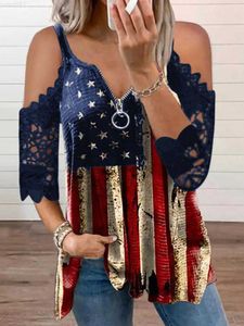 Blusas Femininas Camisas Blusa Feminina Bandeira Americana Estrela Listrada Renda Cold Shoulder 4th of July Independence Day Graphic T-Shirts Manga Curta Decote V L230712