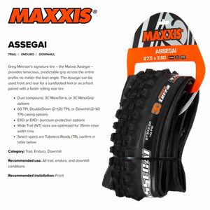 Pneus de bicicleta MAXXIS Assegai Pneu de bicicleta 29 x 2,50 29 X 2,6 27,5 X 2,5 3C MaxxTerra EXO+ Pneu dobrável pronto para tubeless para MTB BIKE HKD230712