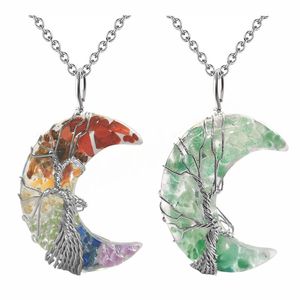 7 Chakra Crystal Ghiaia Albero della vita Collana fatta a mano Wire Wrap Crescent Moon Pendant Reiki Quartz Pendant Chain Collana in resina