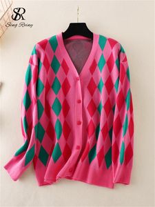 Women's Knits Tees SINGREINY Fashion Argyle Autumn Cardigan Loose V Neck Single Breasted Female American Retro Streetwear Knitted Warm Long Sweater 230711