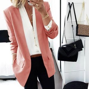 Ternos Femininos Casaco Feminino Manga Comprida Estilo OL Negócios Comutar Ponto Aberto Solto Reta Comprimento Médio Blazer Feminino Formal Jaqueta Outono