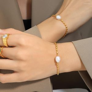 Link Bracelets French Baroque Freshwater Pearl With Chain Elegant Girls Metal Bracelet Titanium Steel Ornament