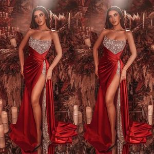 Sexy Silver Sequined Mermaid Evening Dresses With Red Skirt Arabic Dubai Stylish Sweetheart High Split Long Party Prom Gowns Women Formal Vestidos