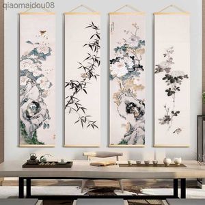 Estilo chinês pintura de parede de pergaminho de bambu sala de estar vintage pôster decorativo decalques de escritório em casa arte de parede tapeçaria L230704