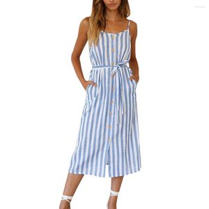 Fritidsklänningar Sommar Damklänning Linne Spaghetti Rem Bohemian Stripe Sea Beach Fresh Button Party A-Line Solklänning Ärmlös