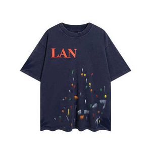 2023 Tasarımcı Lanvins Mektup Baskı Mürekkep Sıçraması Renk Noktaları Kısa Kollu Erkek ve Kadın Sevgilileri T-Shirt Trend Donanma
