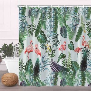 Shower Curtains Tree Flamingo Shower Curtain Tropical Style Plant Leaves Bird Aesthetic Bathroom Decoration Polyester Fabric Bath Curtains