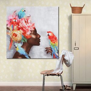 Arte em tela abstrata moderna olhos fechados mulher e papagaio pintura a óleo feita à mão decoração de parede contemporânea