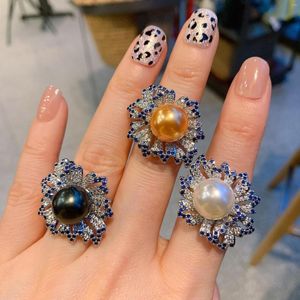 Cluster Rings 925 Sterling Silver Gold Pearl Blue Cyrcon Open Regulowany pierścień Fashion Peacock Women Jewelry Wedding Party Vintage Gift