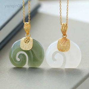 Pendant Necklaces 2022 Vintage White Hetian Jade Elephant Pendant 18K Gold Plated Chain Necklace Stainless Steel Sapphire Choker Jewelry for Women HKD230712