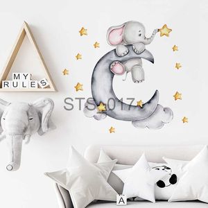 Andere dekorative Aufkleber Cartoon Grau Baby Elefant Mond Gold Sterne Wandaufkleber Kinderzimmer Wandtattoos für Kinderzimmer Mädchen Jungenzimmer Dekorative Aufkleber x0712