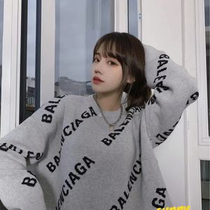 Paris designer de casa outono e inverno marca de moda suéter de tricô feminino gola redonda carta LOGO jacquard casual solto estilo preguiçoso fora de usar