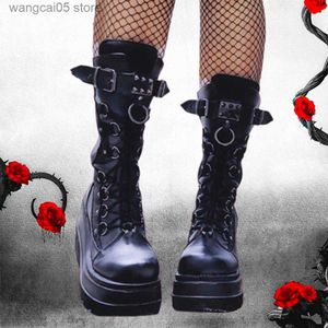 Buty jesienno-zimowa Punk Halloween czarownica Cosplay platforma wysokie kliny obcasy czarne gotyckie buty do łydki damskie buty duże rozmiary 43 T230712