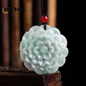 Pendant Necklaces Hand Carved Natural Myanmar A Goods Jadeite Peony Pendant Ice Kind Jade Pendant Women's Necklace Girlfriend Mother Gift HKD230712