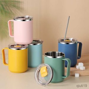 Tassen 450 ml Doppelwandige Kaffeetasse für Tee Edelstahl Anti-Verbrühungs-Thermobecher Tragbare Milchwasserbecher mit Griff Trinkgeschirr R230712