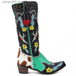 Boots Brand Pointed Toe Love Heart Ridding Mid Calf Boots For Women Western Boots Embroidered Knee High Boots Shoes Autumn T230712