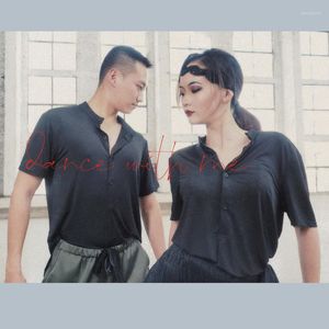 Stage Wear Latin Dance Tops Men Women Practice Clothes Shirts Loose Black Short Sleeves Ballroom Shirt Adult Costume BI888