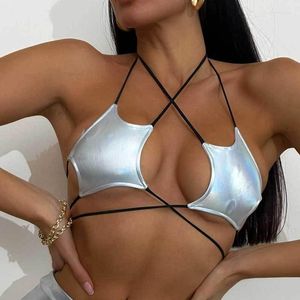 Women's Tanks and Shorts Sexy Women Leather Star Shape Strappy Bra Bustier Crop Top Bralette Hanging Neck Bandage Reflective Silver Nightclub Vest