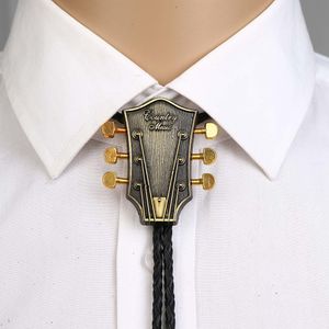Bolo Ties MUSIC Guitar heads copper and silver color bolo tie for man cowboy western cowgirl lather rope zinc alloy necktie 230712